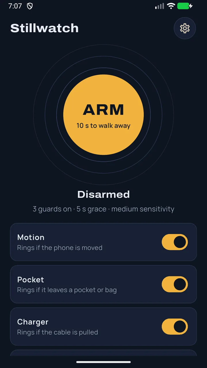 Stillwatch home with the Arm button and motion, pocket and charger switches