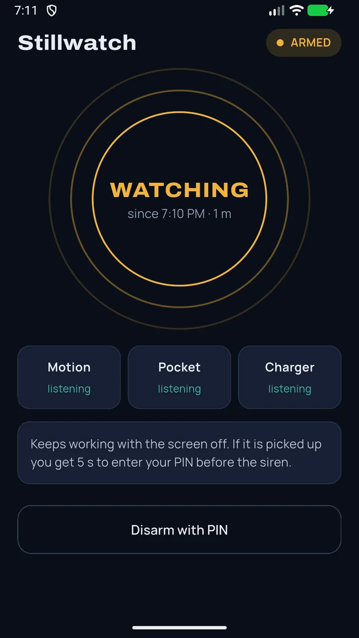 Stillwatch armed and watching, with motion, pocket and charger guards listening