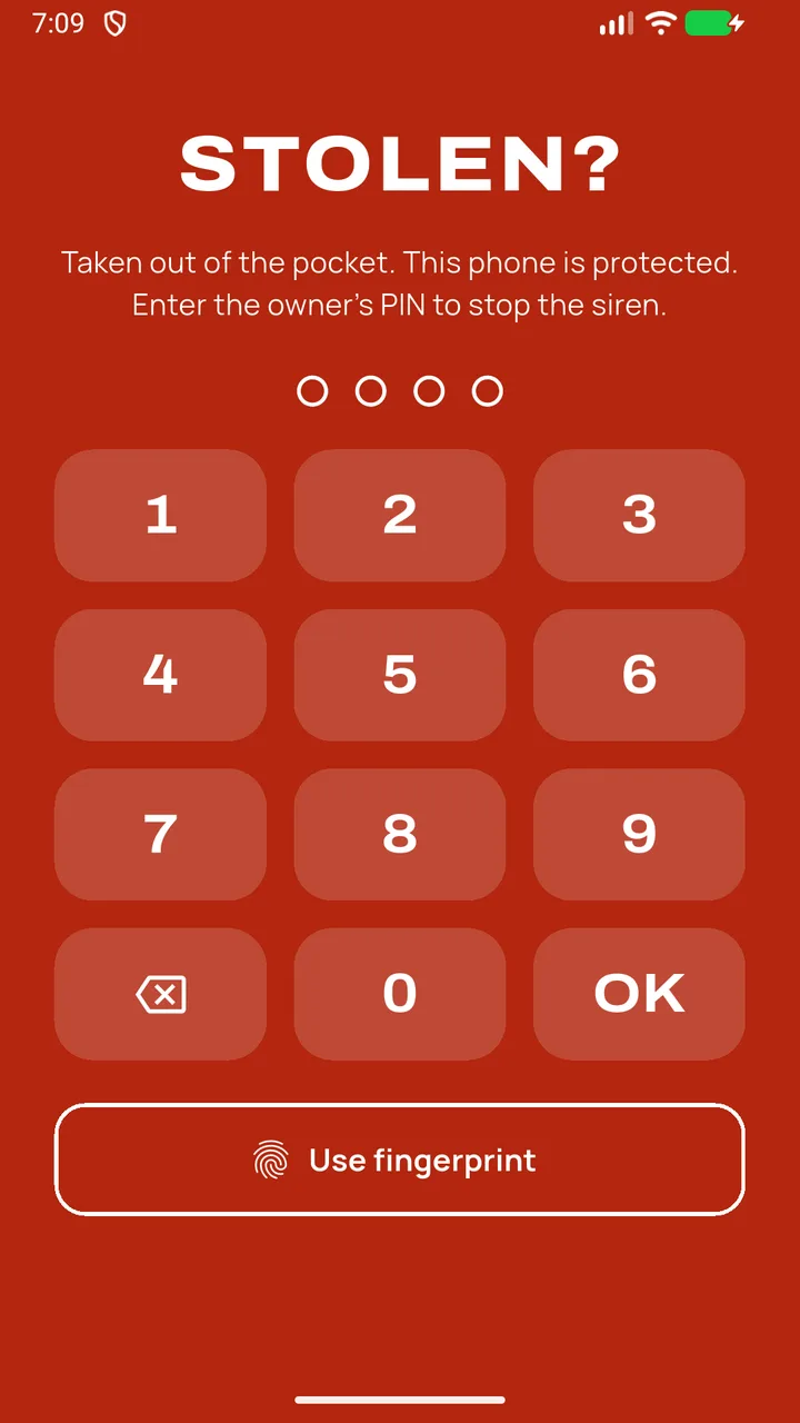 The red alarm screen with a big PIN pad and a fingerprint button