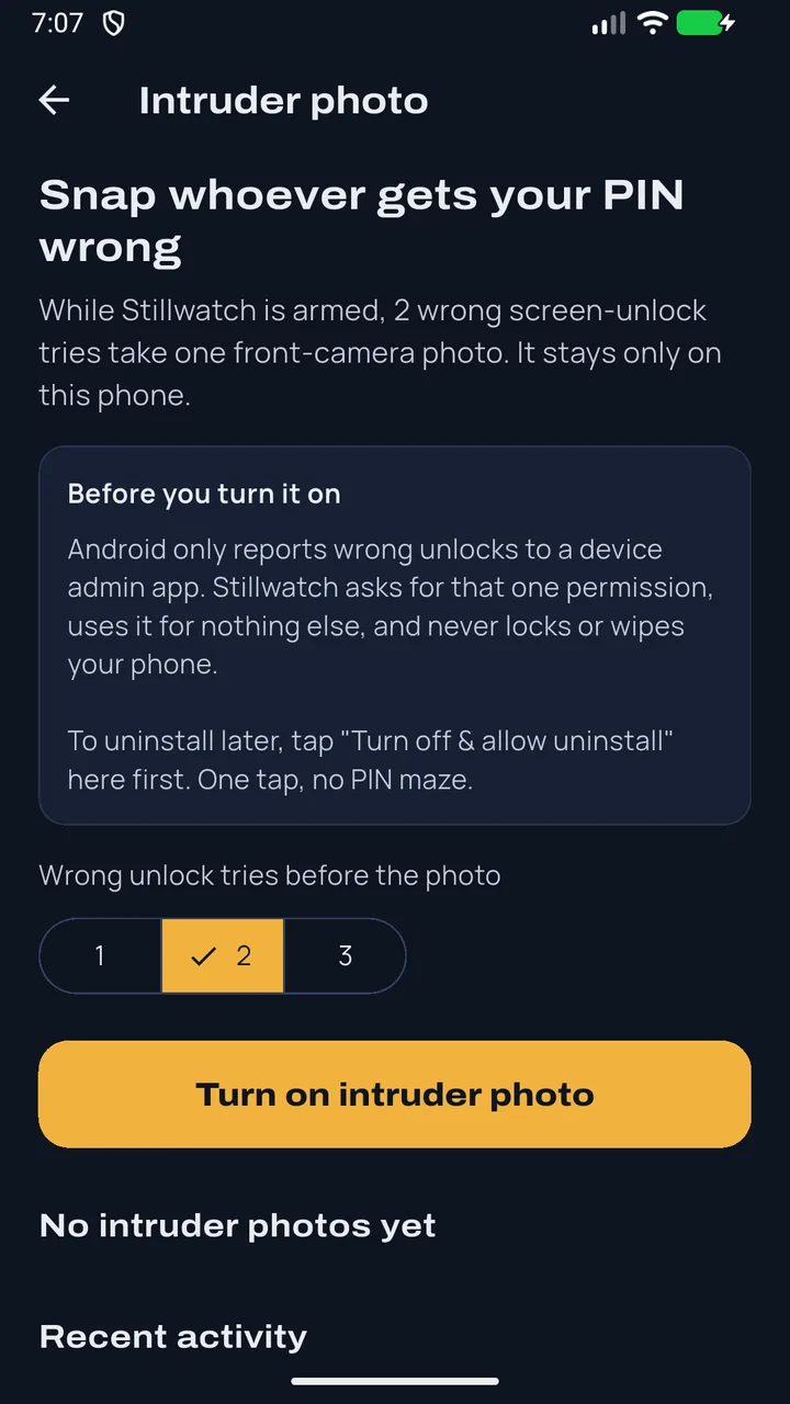 The intruder photo screen explaining the one permission it needs